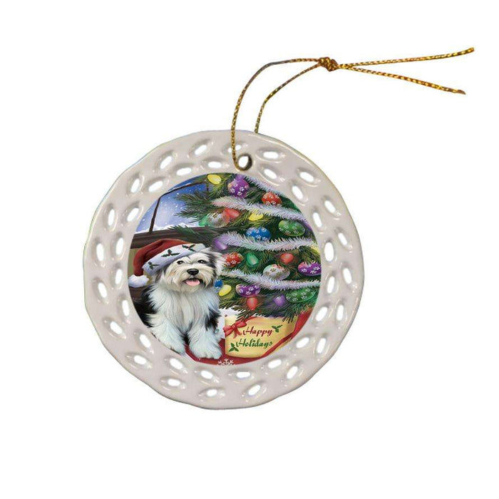 Christmas Happy Holidays Tibetan Terrier Dog with Tree and Presents Ceramic Doily Ornament DPOR53867