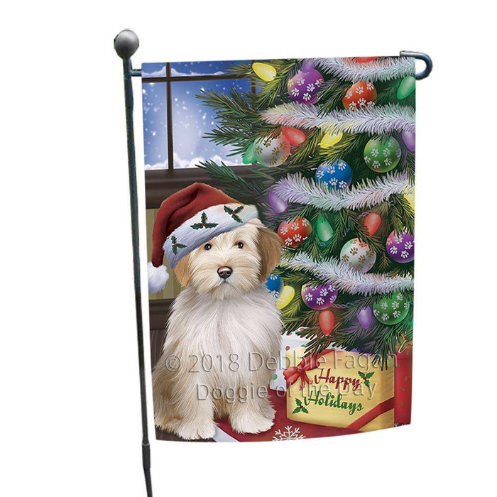 Christmas Happy Holidays Tibetan Terrier Dog with Tree and Presents Garden Flag GFLG53927