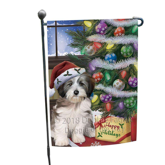 Christmas Happy Holidays Tibetan Terrier Dog with Tree and Presents Garden Flag GFLG53928