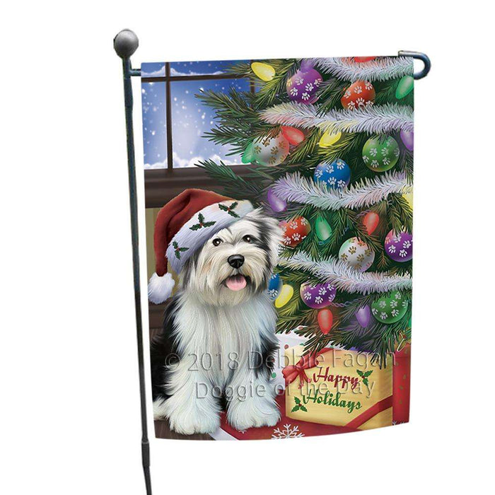 Christmas Happy Holidays Tibetan Terrier Dog with Tree and Presents Garden Flag GFLG53929