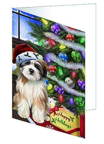 Christmas Happy Holidays Tibetan Terrier Dog with Tree and Presents Handmade Artwork Assorted Pets Greeting Cards and Note Cards with Envelopes for All Occasions and Holiday Seasons GCD020