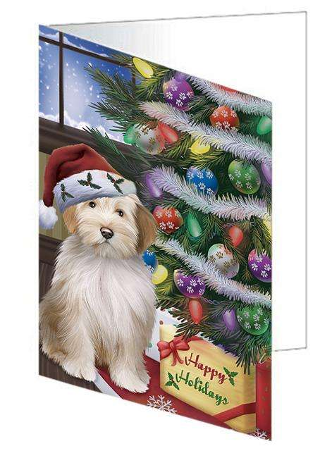 Christmas Happy Holidays Tibetan Terrier Dog with Tree and Presents Handmade Artwork Assorted Pets Greeting Cards and Note Cards with Envelopes for All Occasions and Holiday Seasons GCD65624