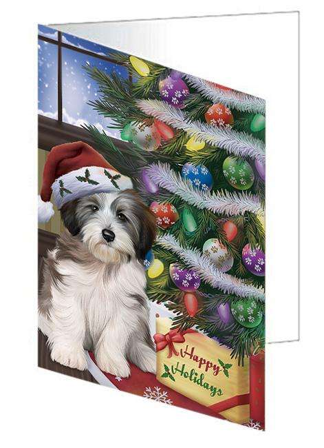 Christmas Happy Holidays Tibetan Terrier Dog with Tree and Presents Handmade Artwork Assorted Pets Greeting Cards and Note Cards with Envelopes for All Occasions and Holiday Seasons GCD65627