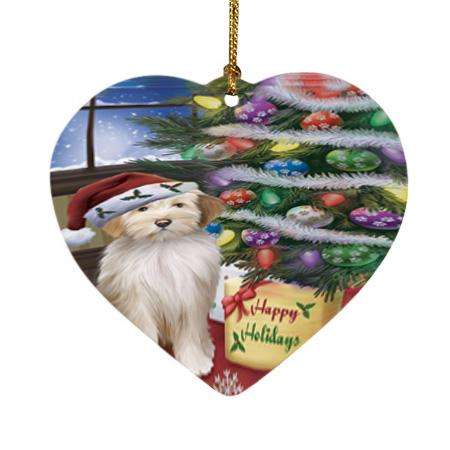 Christmas Happy Holidays Tibetan Terrier Dog with Tree and Presents Heart Christmas Ornament HPOR53865