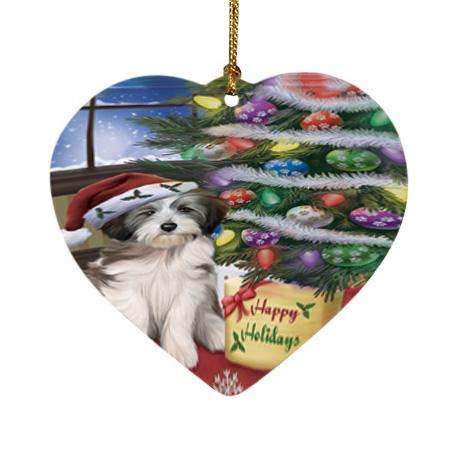 Christmas Happy Holidays Tibetan Terrier Dog with Tree and Presents Heart Christmas Ornament HPOR53866