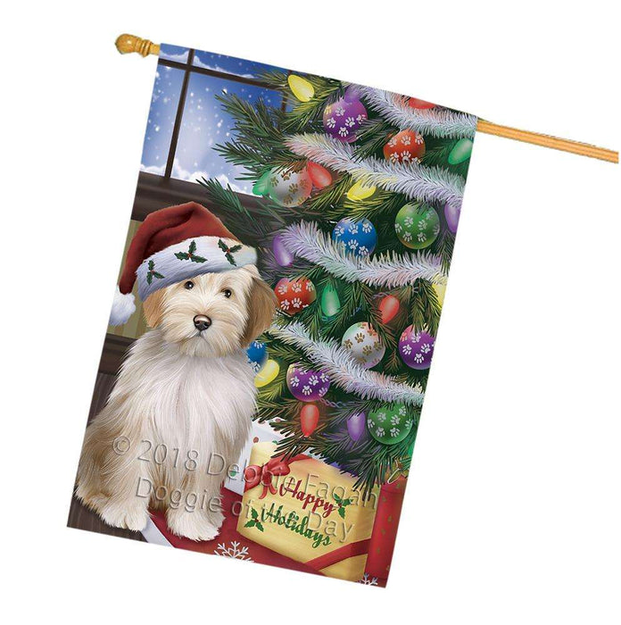 Christmas Happy Holidays Tibetan Terrier Dog with Tree and Presents House Flag FLG54063