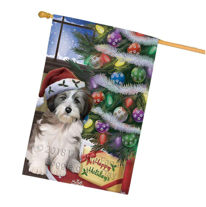 Christmas Happy Holidays Tibetan Terrier Dog with Tree and Presents House Flag FLG54064