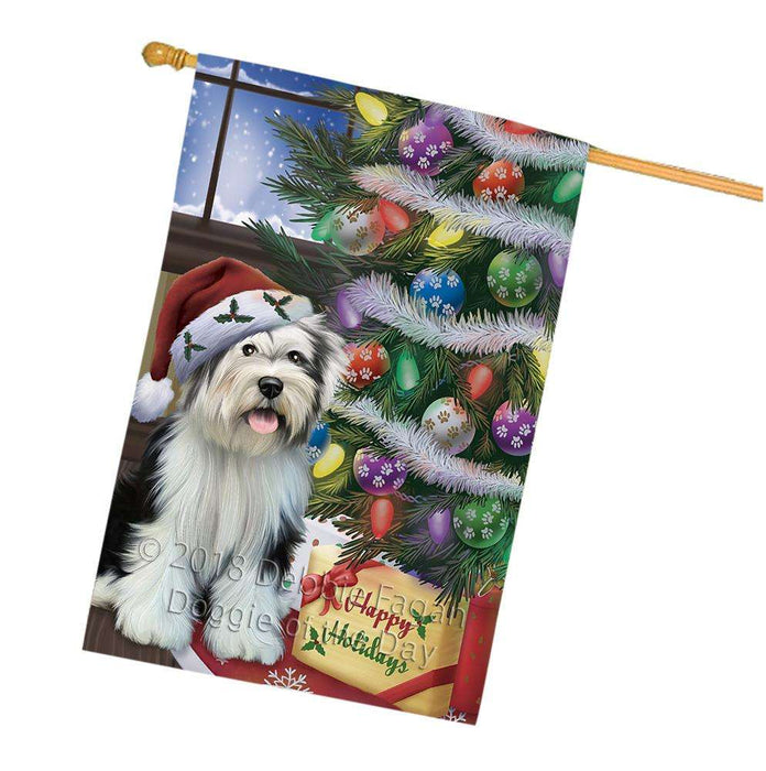 Christmas Happy Holidays Tibetan Terrier Dog with Tree and Presents House Flag FLG54065