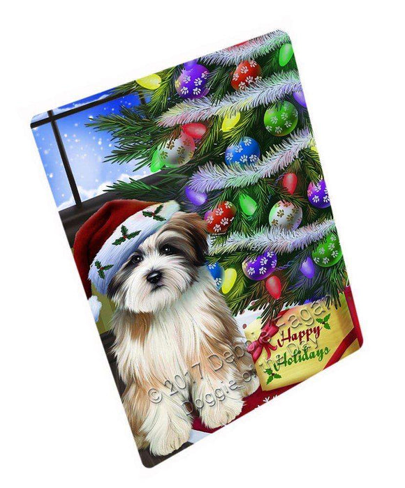 Christmas Happy Holidays Tibetan Terrier Dog with Tree and Presents Large Refrigerator / Dishwasher Magnet D005