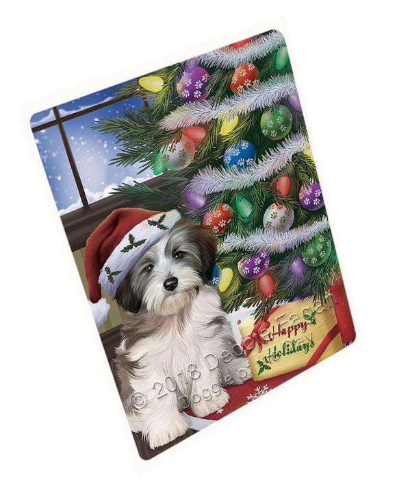 Christmas Happy Holidays Tibetan Terrier Dog with Tree and Presents Large Refrigerator / Dishwasher Magnet RMAG84078