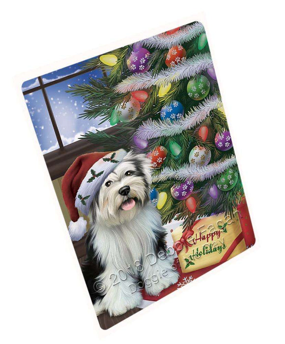 Christmas Happy Holidays Tibetan Terrier Dog with Tree and Presents Large Refrigerator / Dishwasher Magnet RMAG84084