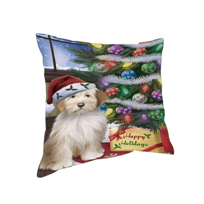 Christmas Happy Holidays Tibetan Terrier Dog with Tree and Presents Pillow PIL72084