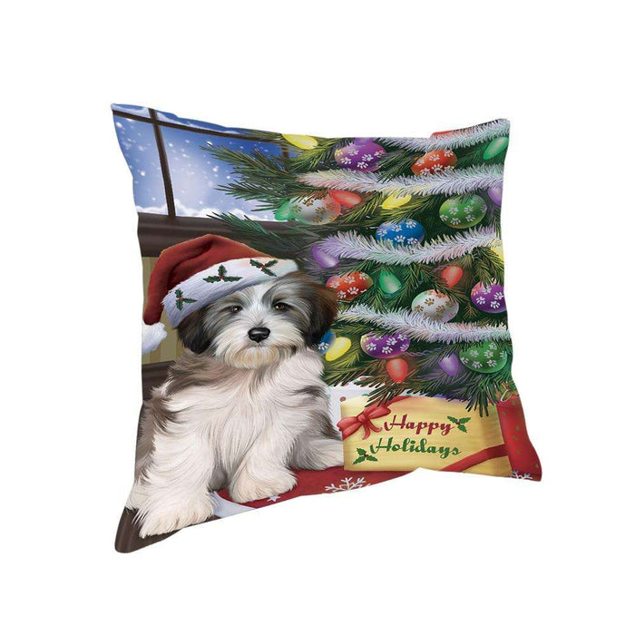 Christmas Happy Holidays Tibetan Terrier Dog with Tree and Presents Pillow PIL72088