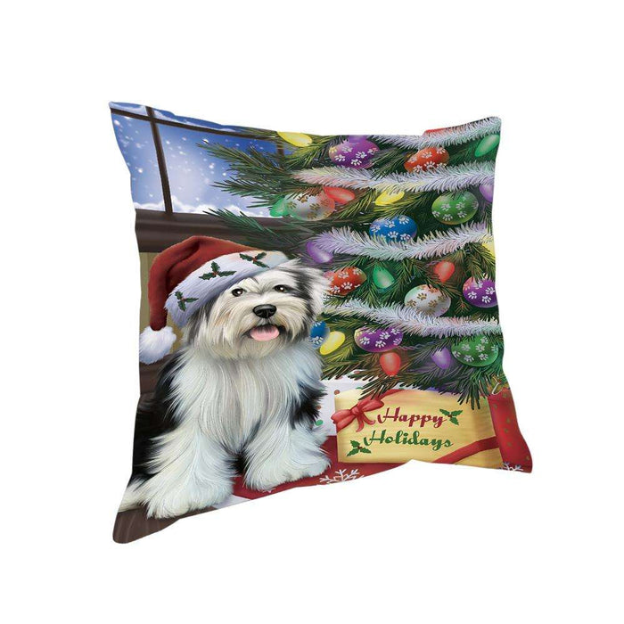 Christmas Happy Holidays Tibetan Terrier Dog with Tree and Presents Pillow PIL72092