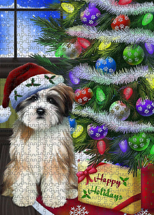 Christmas Happy Holidays Tibetan Terrier Dog with Tree and Presents Puzzle with Photo Tin PUZL012