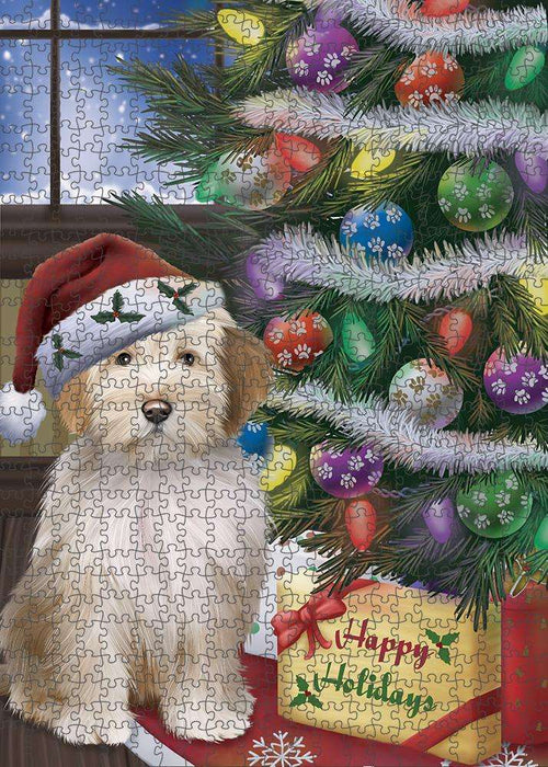 Christmas Happy Holidays Tibetan Terrier Dog with Tree and Presents Puzzle with Photo Tin PUZL82616