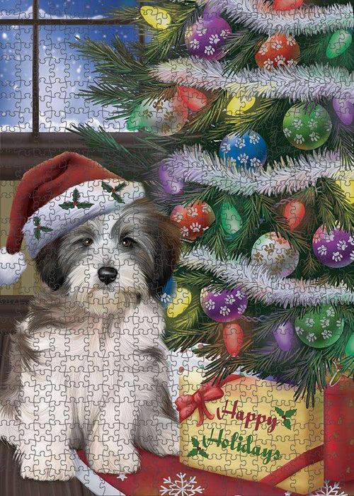 Christmas Happy Holidays Tibetan Terrier Dog with Tree and Presents Puzzle with Photo Tin PUZL82620