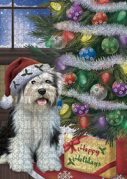 Christmas Happy Holidays Tibetan Terrier Dog with Tree and Presents Puzzle with Photo Tin PUZL82624