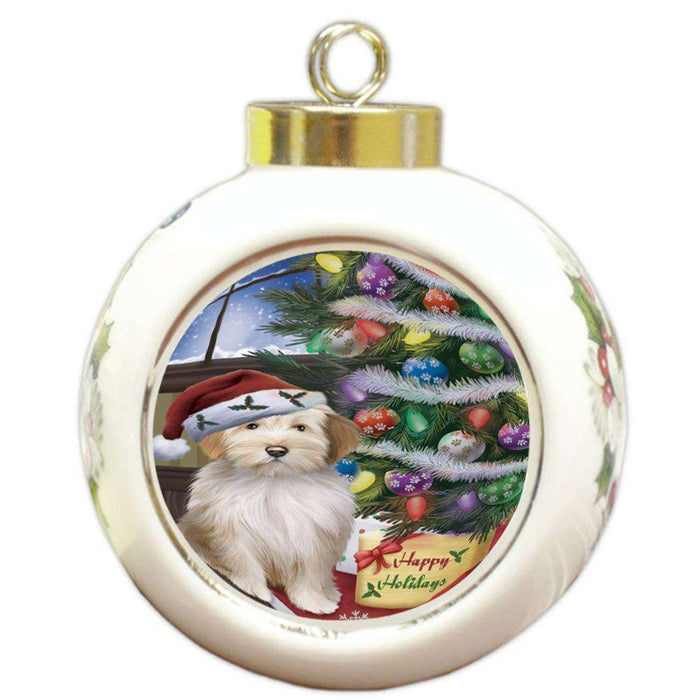 Christmas Happy Holidays Tibetan Terrier Dog with Tree and Presents Round Ball Christmas Ornament RBPOR53865