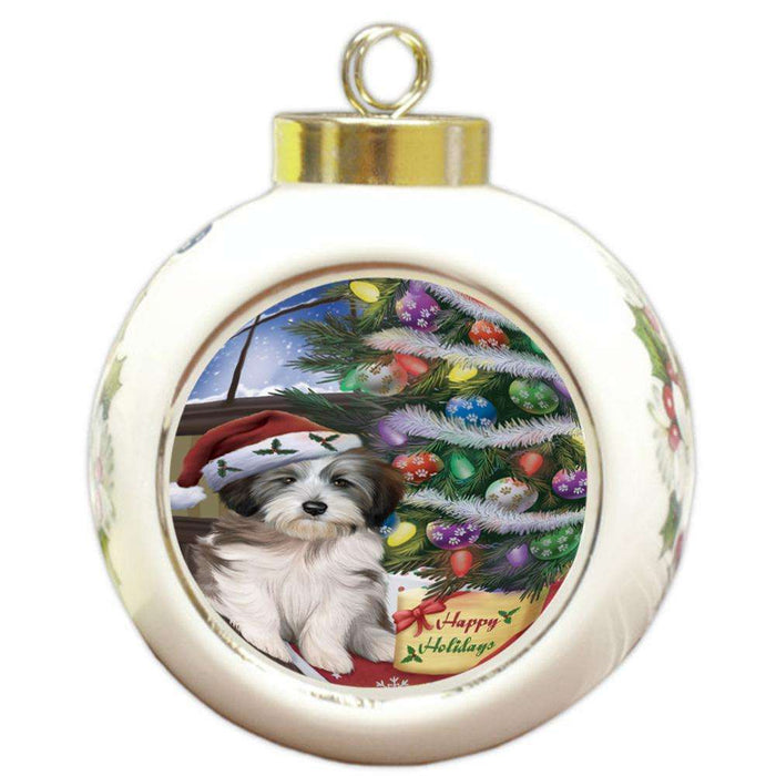 Christmas Happy Holidays Tibetan Terrier Dog with Tree and Presents Round Ball Christmas Ornament RBPOR53866