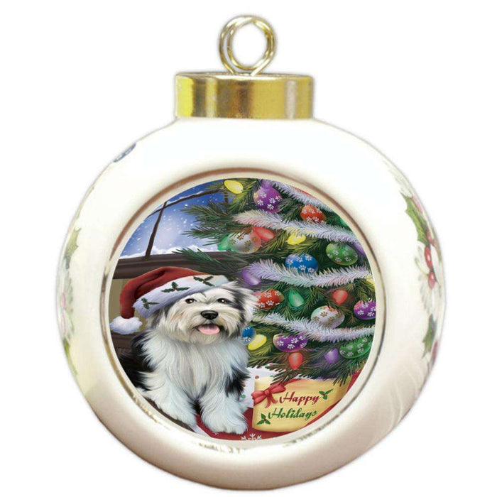 Christmas Happy Holidays Tibetan Terrier Dog with Tree and Presents Round Ball Christmas Ornament RBPOR53867