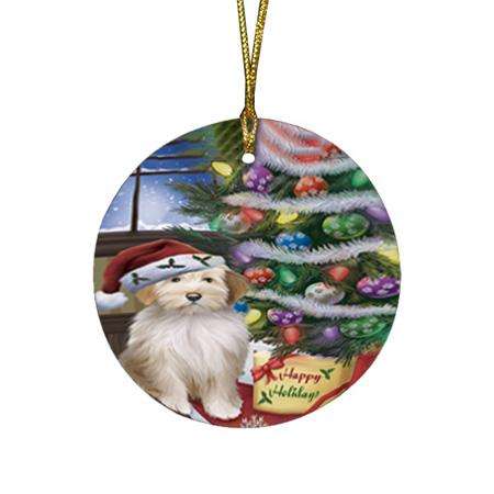 Christmas Happy Holidays Tibetan Terrier Dog with Tree and Presents Round Flat Christmas Ornament RFPOR53856
