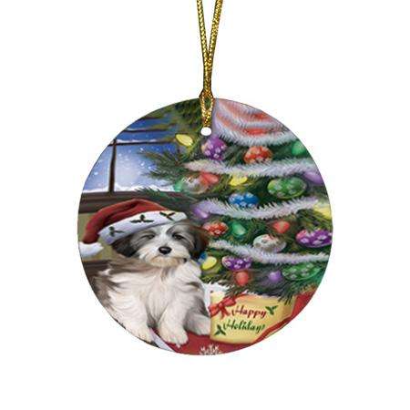 Christmas Happy Holidays Tibetan Terrier Dog with Tree and Presents Round Flat Christmas Ornament RFPOR53857