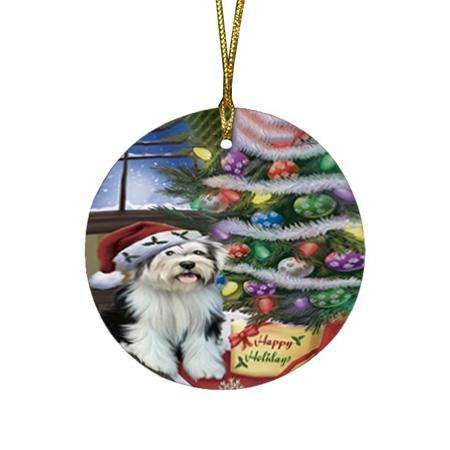 Christmas Happy Holidays Tibetan Terrier Dog with Tree and Presents Round Flat Christmas Ornament RFPOR53858