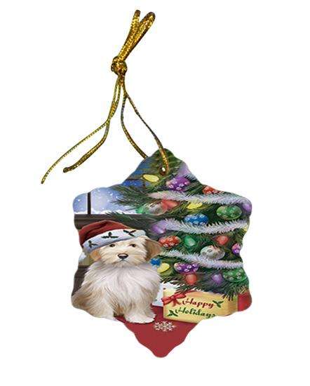 Christmas Happy Holidays Tibetan Terrier Dog with Tree and Presents Star Porcelain Ornament SPOR53856