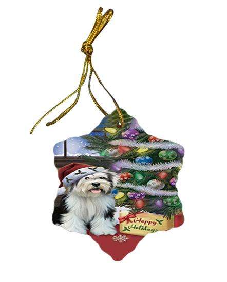 Christmas Happy Holidays Tibetan Terrier Dog with Tree and Presents Star Porcelain Ornament SPOR53858
