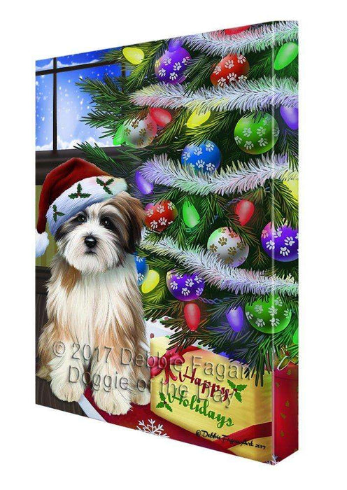 Christmas Happy Holidays Tibetan Terrier with Tree and Presents Print on Canvas Wall Art CVS036