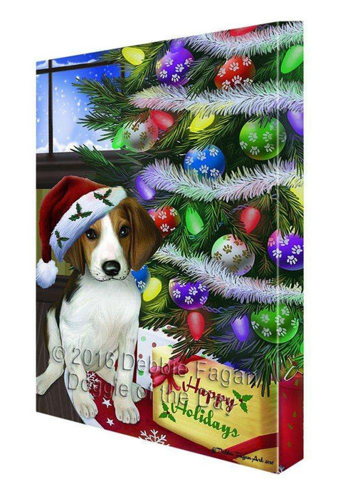 Christmas Happy Holidays Treeing Walker Coonhound Dog with Tree and Presents Canvas Wall Art