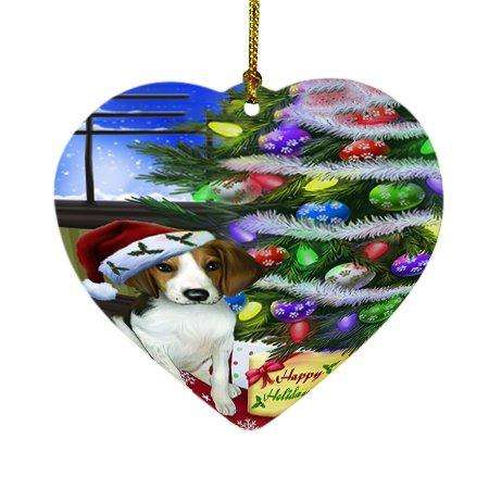 Christmas Happy Holidays Treeing Walker Coonhound Dog with Tree and Presents Heart Ornament D126