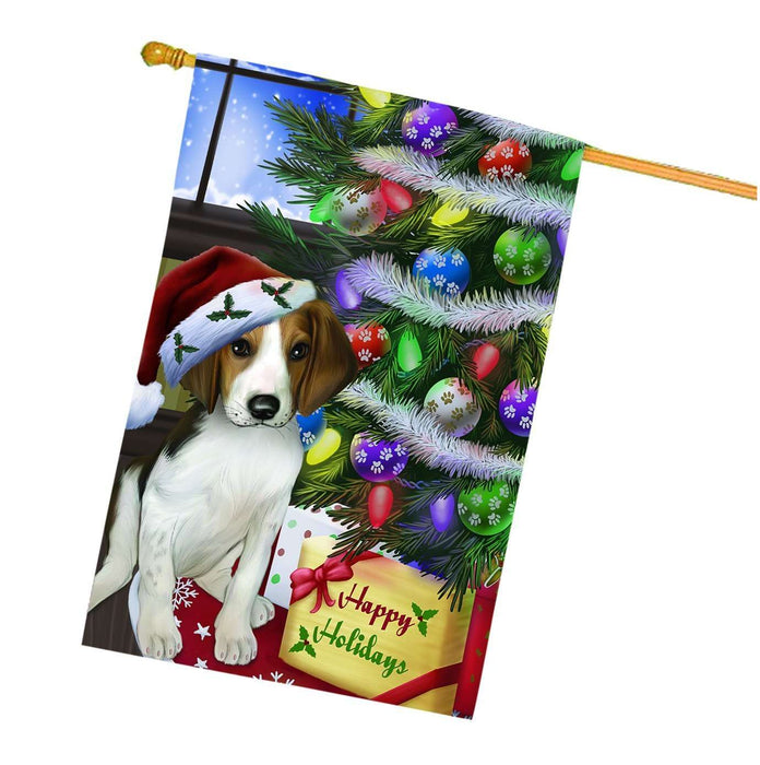 Christmas Happy Holidays Treeing Walker Coonhound Dog with Tree and Presents House Flag