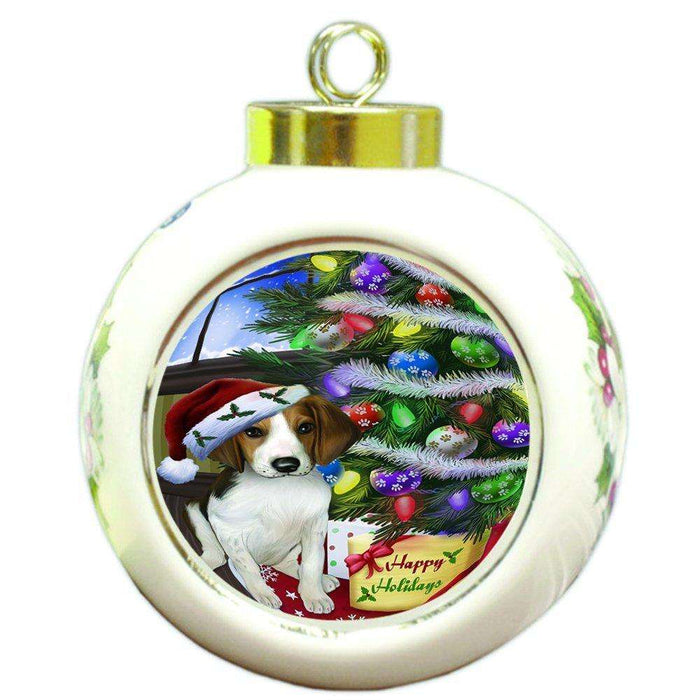 Christmas Happy Holidays Treeing Walker Coonhound Dog with Tree and Presents Round Ball Ornament D126