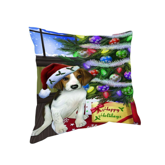 Christmas Happy Holidays Treeing Walker Coonhound Dog with Tree and Presents Throw Pillow