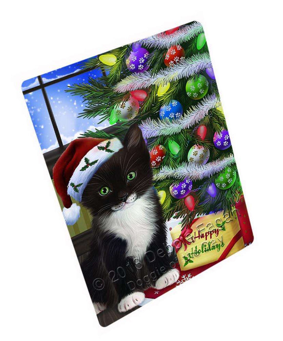 Christmas Happy Holidays Tuxedo Cat with Tree and Presents Blanket BLNKT98625