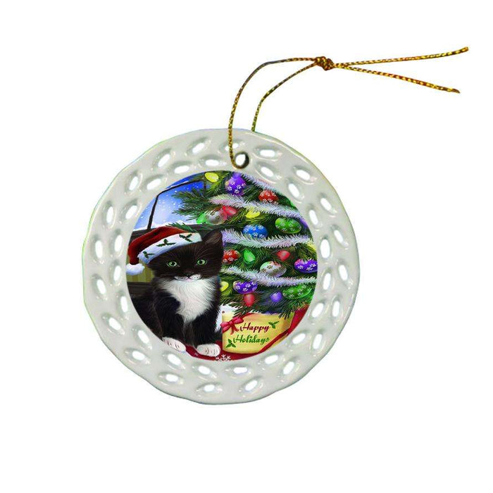 Christmas Happy Holidays Tuxedo Cat with Tree and Presents Ceramic Doily Ornament DPOR53476