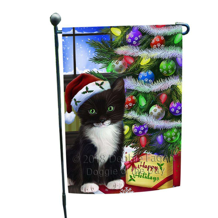 Christmas Happy Holidays Tuxedo Cat with Tree and Presents Garden Flag GFLG53538