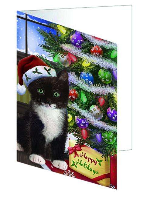 Christmas Happy Holidays Tuxedo Cat with Tree and Presents Handmade Artwork Assorted Pets Greeting Cards and Note Cards with Envelopes for All Occasions and Holiday Seasons GCD64457