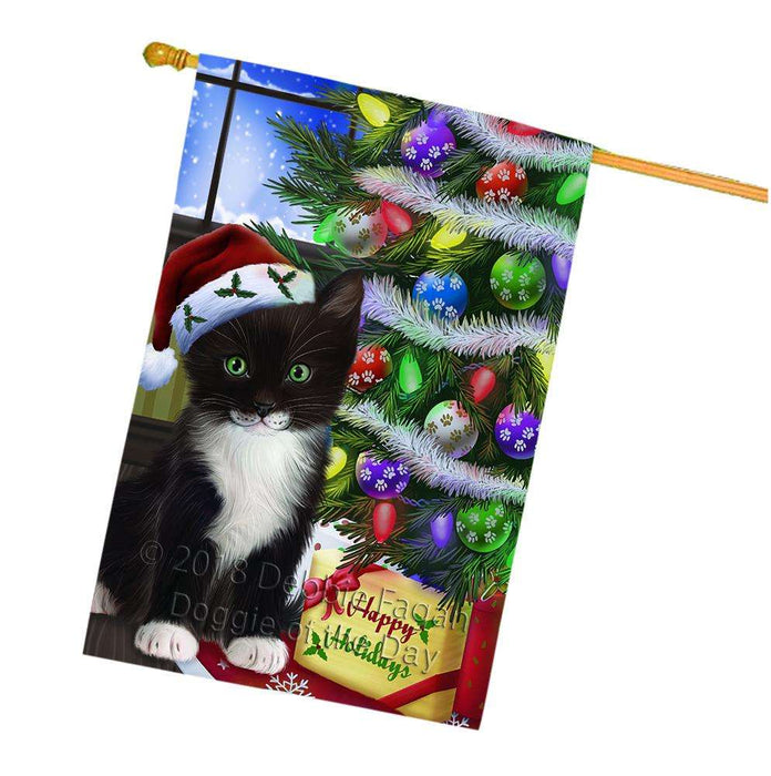Christmas Happy Holidays Tuxedo Cat with Tree and Presents House Flag FLG53674