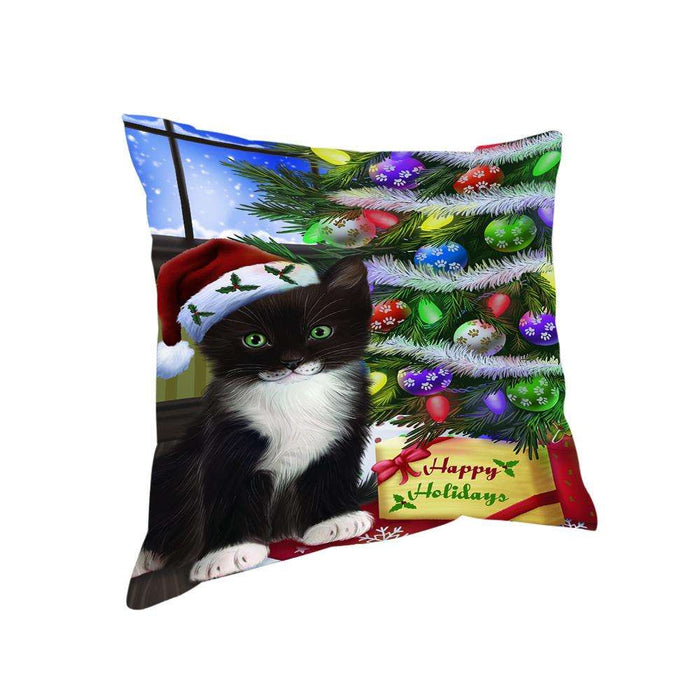Christmas Happy Holidays Tuxedo Cat with Tree and Presents Pillow PIL70528