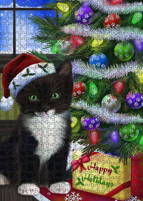 Christmas Happy Holidays Tuxedo Cat with Tree and Presents Puzzle with Photo Tin PUZL81060