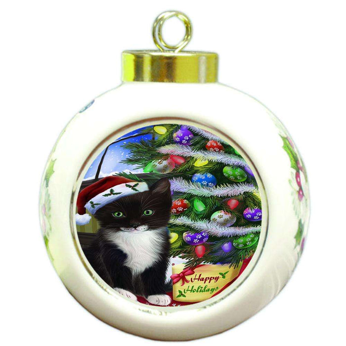 Christmas Happy Holidays Tuxedo Cat with Tree and Presents Round Ball Christmas Ornament RBPOR53476