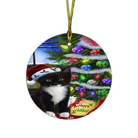Christmas Happy Holidays Tuxedo Cat with Tree and Presents Round Flat Christmas Ornament RFPOR53467