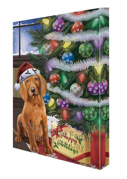 Christmas Happy Holidays Vizsla Dog with Tree and Presents Canvas Wall Art