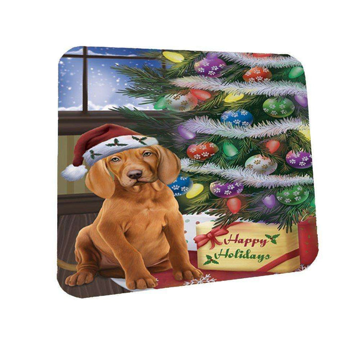 Christmas Happy Holidays Vizsla Dog with Tree and Presents Coasters Set of 4