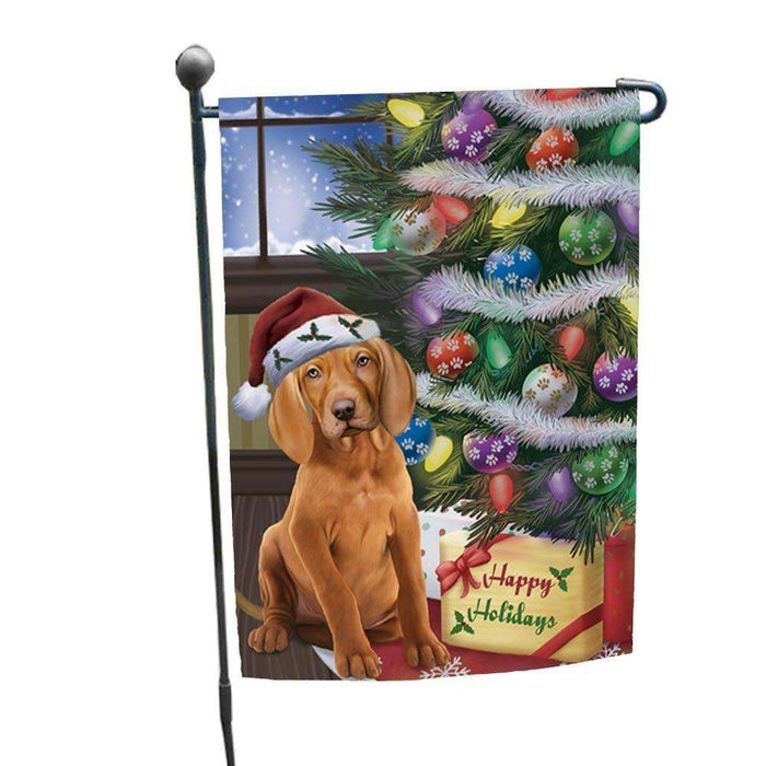 Christmas Happy Holidays Vizsla Dog with Tree and Presents Garden Flag