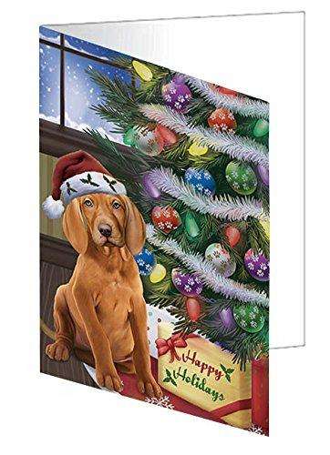 Christmas Happy Holidays Vizsla Dog with Tree and Presents Handmade Artwork Assorted Pets Greeting Cards and Note Cards with Envelopes for All Occasions and Holiday Seasons