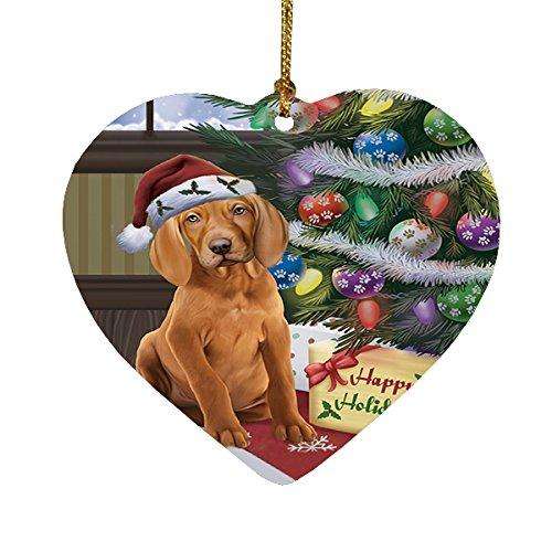 Christmas Happy Holidays Vizsla Dog with Tree and Presents Heart Ornament